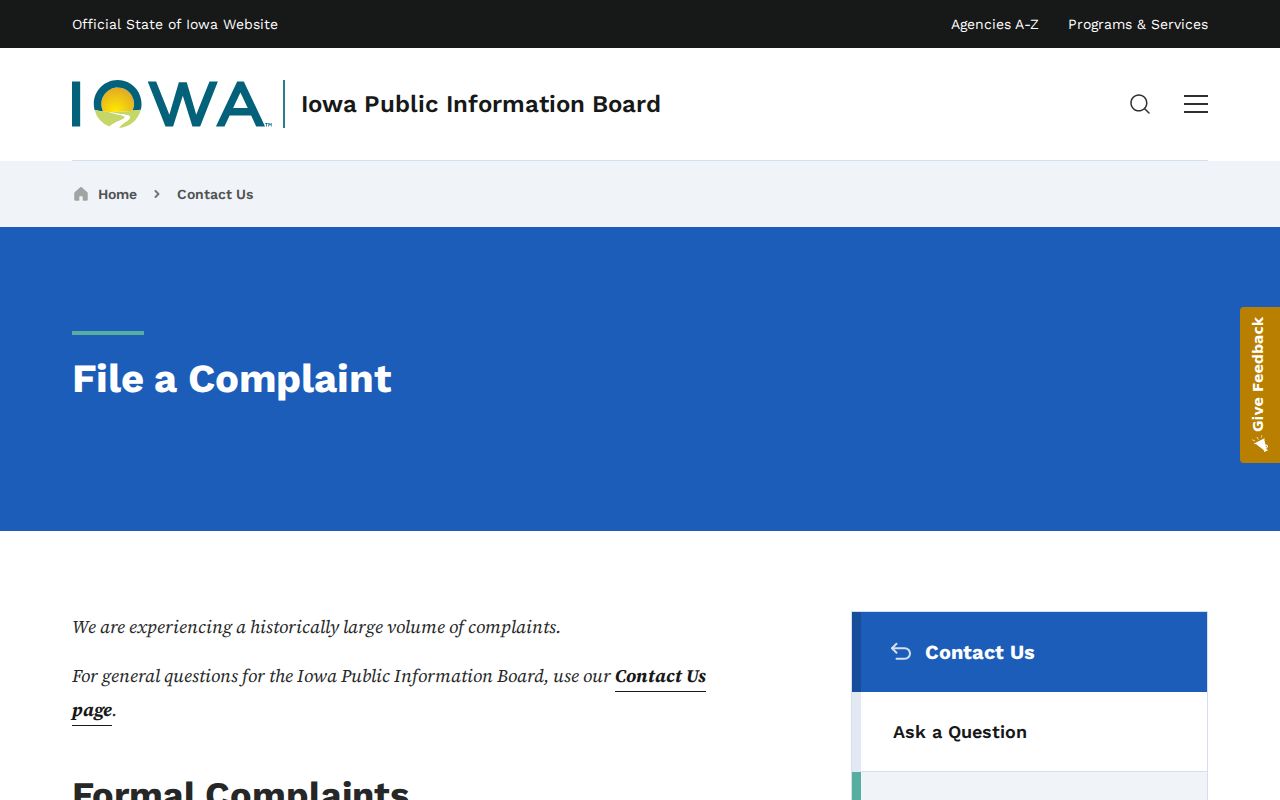 Official Iowa public-record complaint and escalation fields