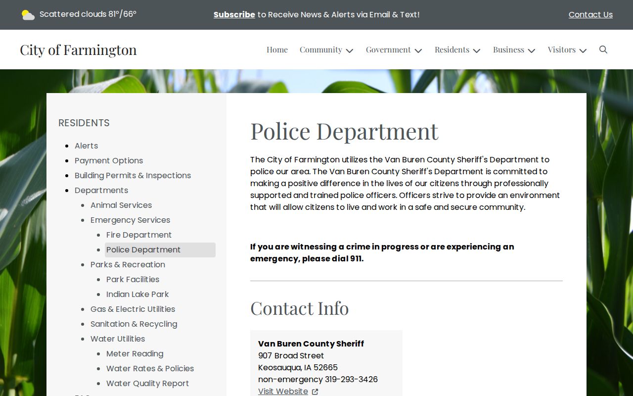 Official Farmington statement that the Van Buren County Sheriff polices the city